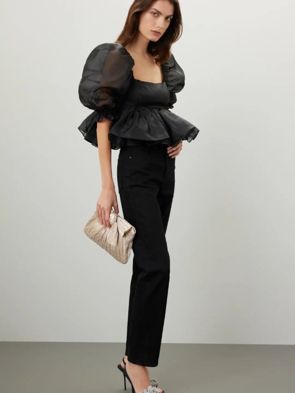 Selkie The Bubble Top Voluminous Organza Puff sleeve peplum blouse Black Caviar